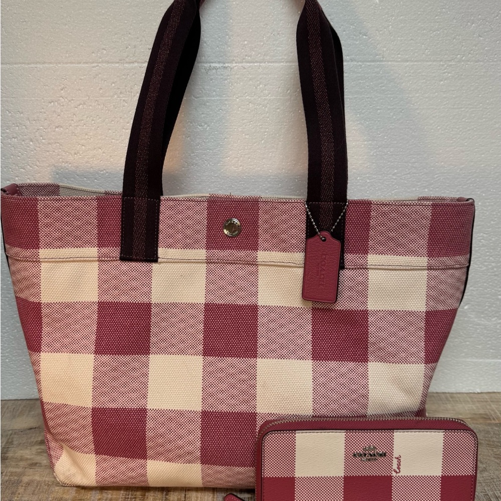 Coach Pink and White Plaid Tote Bag with matching Wallet